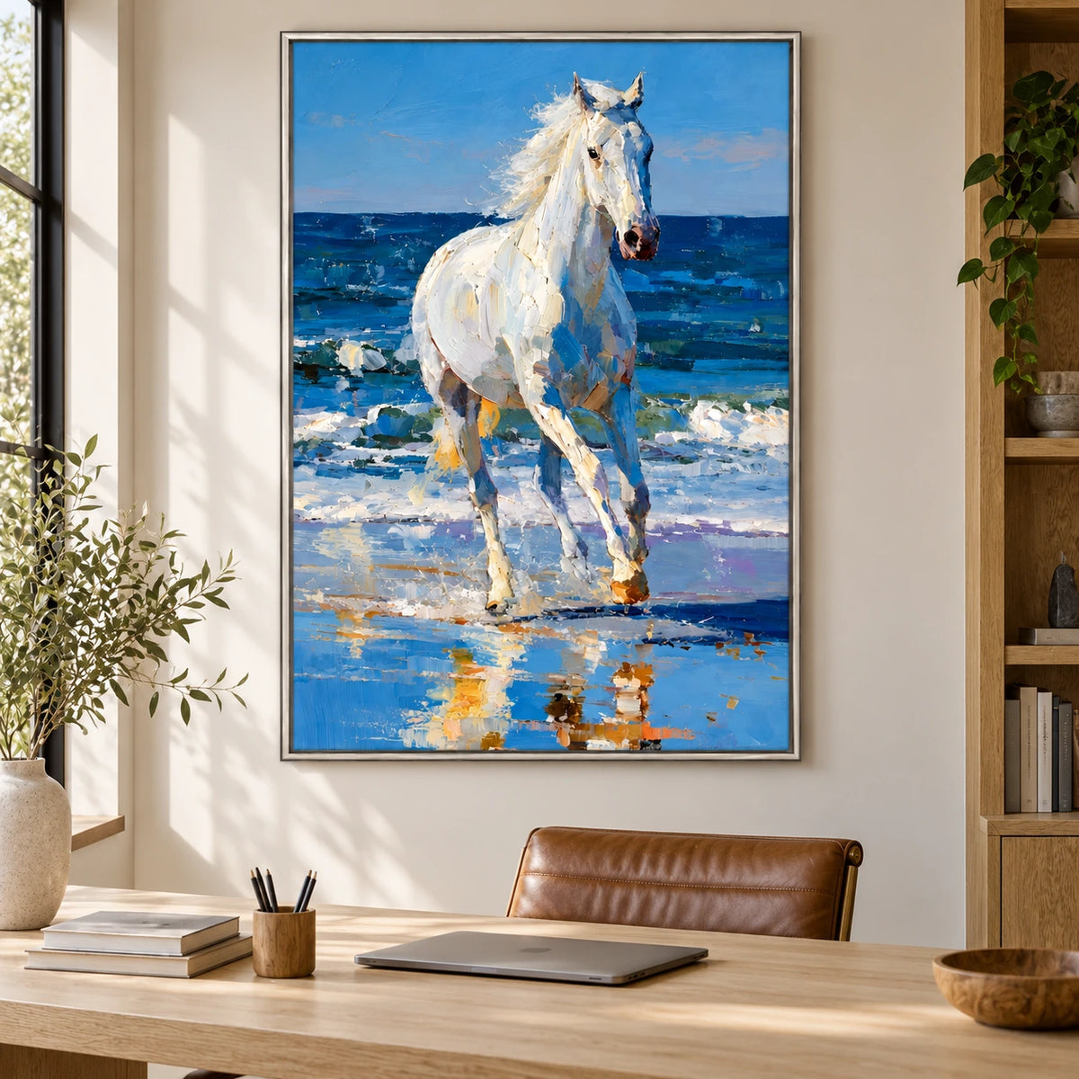 White Horse on Blue Ocean Beach Oil Painting | Textured Coastal Equestrian Vertical Wall Art #OA 1643