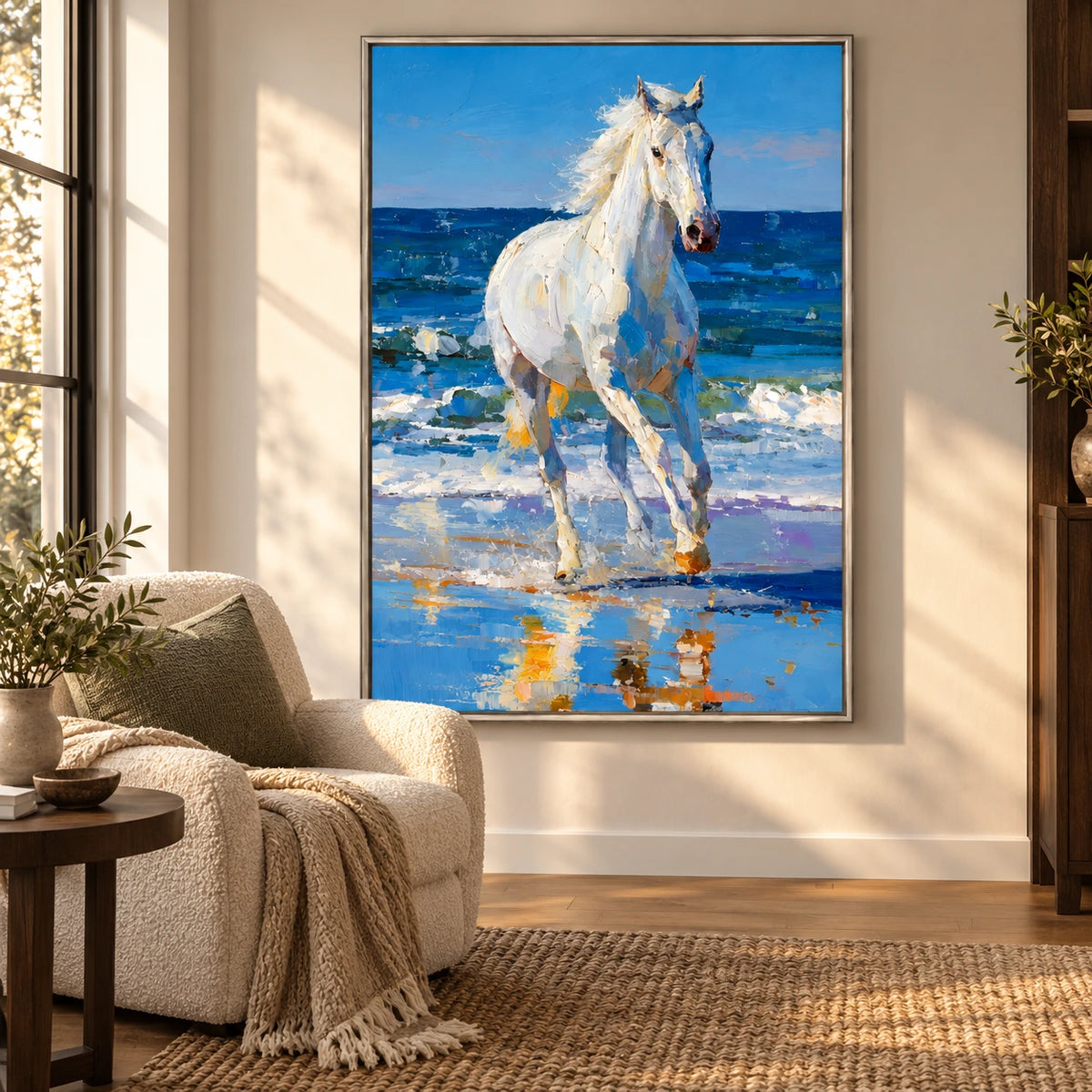 White Horse on Blue Ocean Beach Oil Painting | Textured Coastal Equestrian Vertical Wall Art #OA 1643