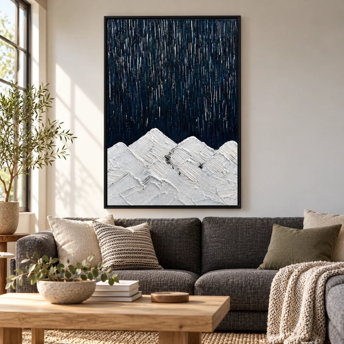 White Mountain Peaks beneath Dark Sky Oil Painting | Navy Blue Vertical Streaks Minimalist Impasto Landscape Wall Art #OA 1728