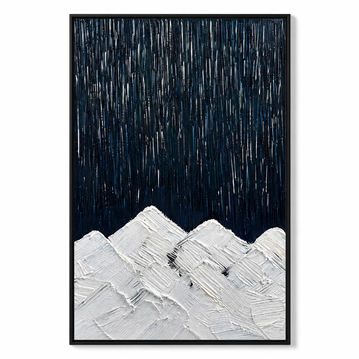 White Mountain Peaks beneath Dark Sky Oil Painting | Navy Blue Vertical Streaks Minimalist Impasto Landscape Wall Art #OA 1728
