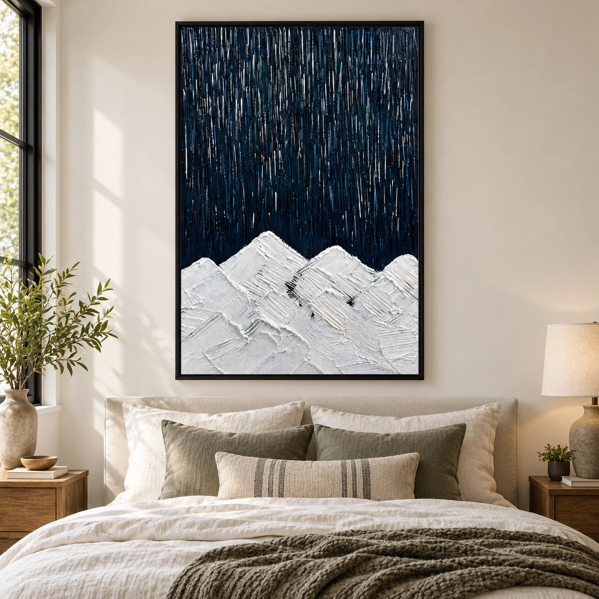 White Mountain Peaks beneath Dark Sky Oil Painting | Navy Blue Vertical Streaks Minimalist Impasto Landscape Wall Art #OA 1728