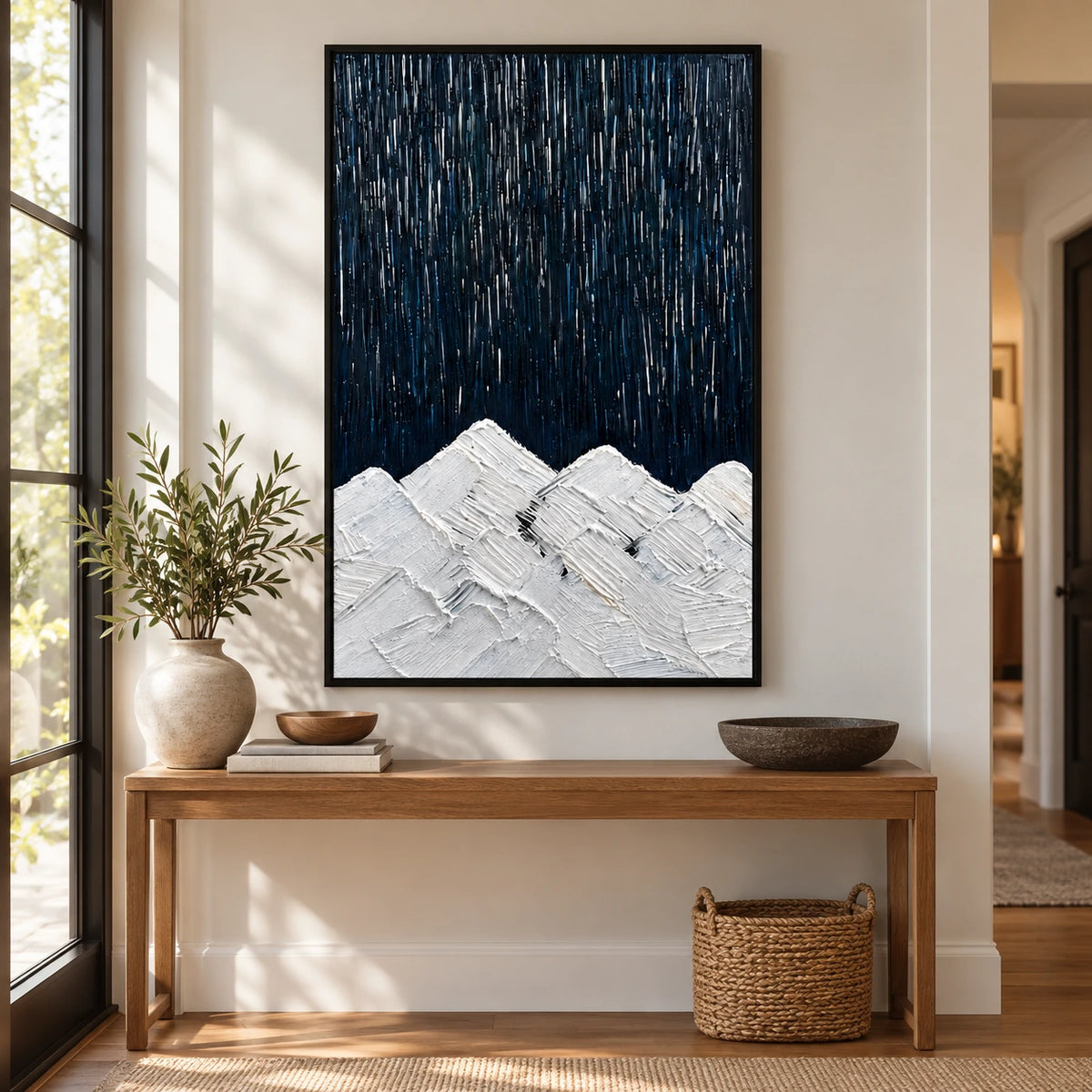 White Mountain Peaks beneath Dark Sky Oil Painting | Navy Blue Vertical Streaks Minimalist Impasto Landscape Wall Art #OA 1728