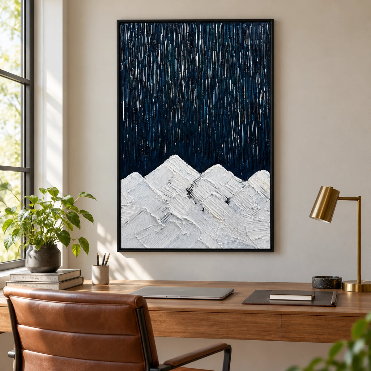White Mountain Peaks beneath Dark Sky Oil Painting | Navy Blue Vertical Streaks Minimalist Impasto Landscape Wall Art #OA 1728