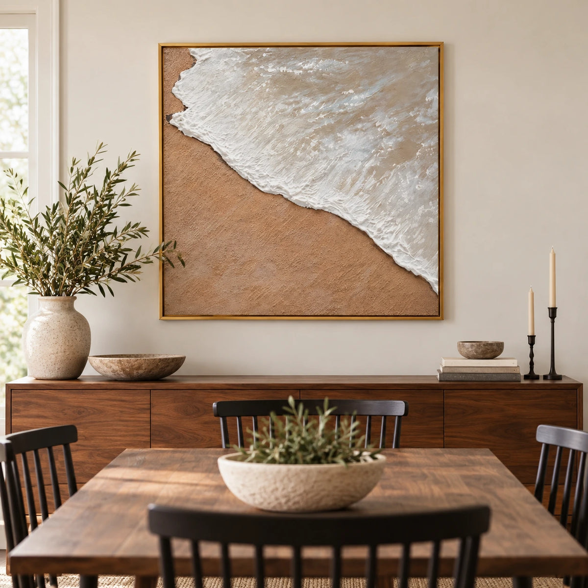 White Ocean Foam on Sand Oil Painting | Neutral Coastal Textured Beach Wall Art #OA 1615