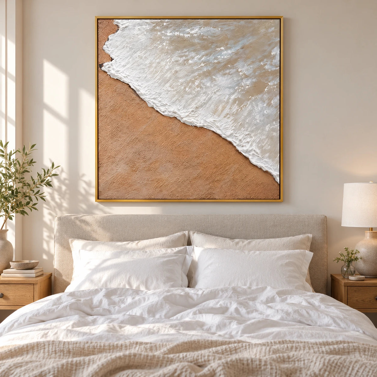 White Ocean Foam on Sand Oil Painting | Neutral Coastal Textured Beach Wall Art #OA 1615
