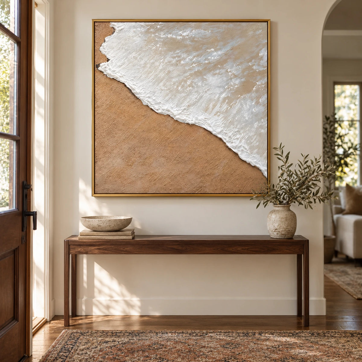 White Ocean Foam on Sand Oil Painting | Neutral Coastal Textured Beach Wall Art #OA 1615