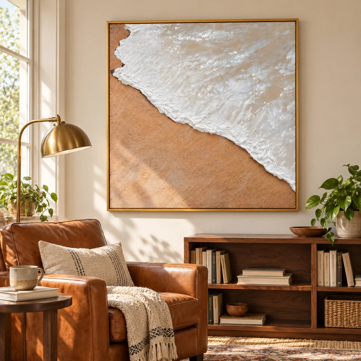 White Ocean Foam on Sand Oil Painting | Neutral Coastal Textured Beach Wall Art #OA 1615