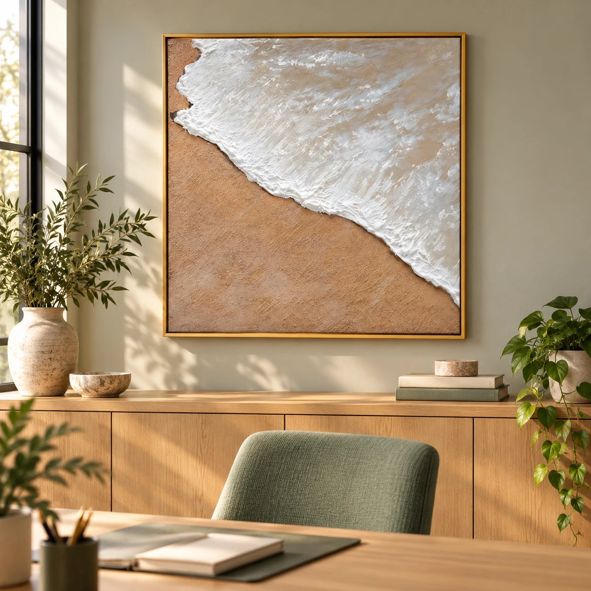 White Ocean Foam on Sand Oil Painting | Neutral Coastal Textured Beach Wall Art #OA 1615