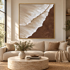White Ocean Waves on Brown Sand Oil Painting | Neutral Coastal Textured Beach Wall Art #OA 1619