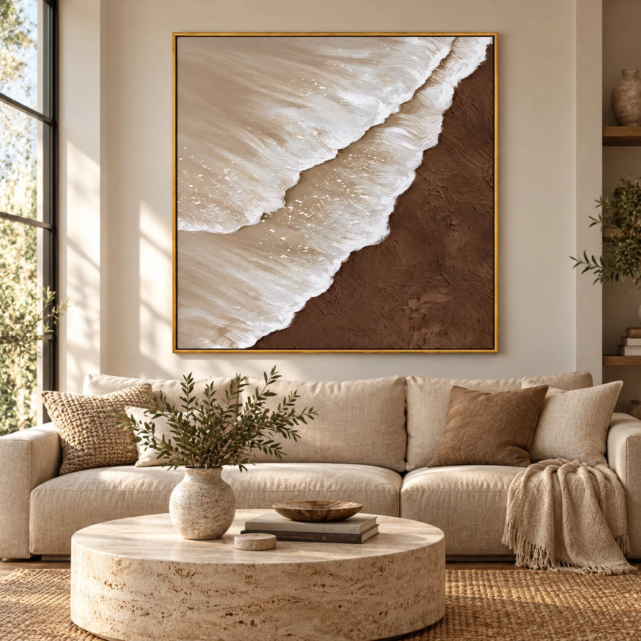 White Ocean Waves on Brown Sand Oil Painting | Neutral Coastal Textured Beach Wall Art #OA 1619
