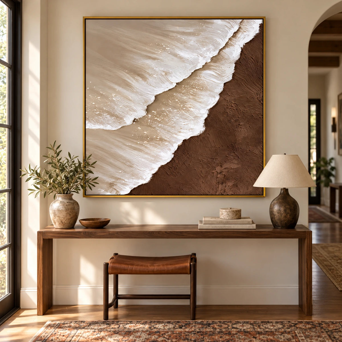 White Ocean Waves on Brown Sand Oil Painting | Neutral Coastal Textured Beach Wall Art #OA 1619