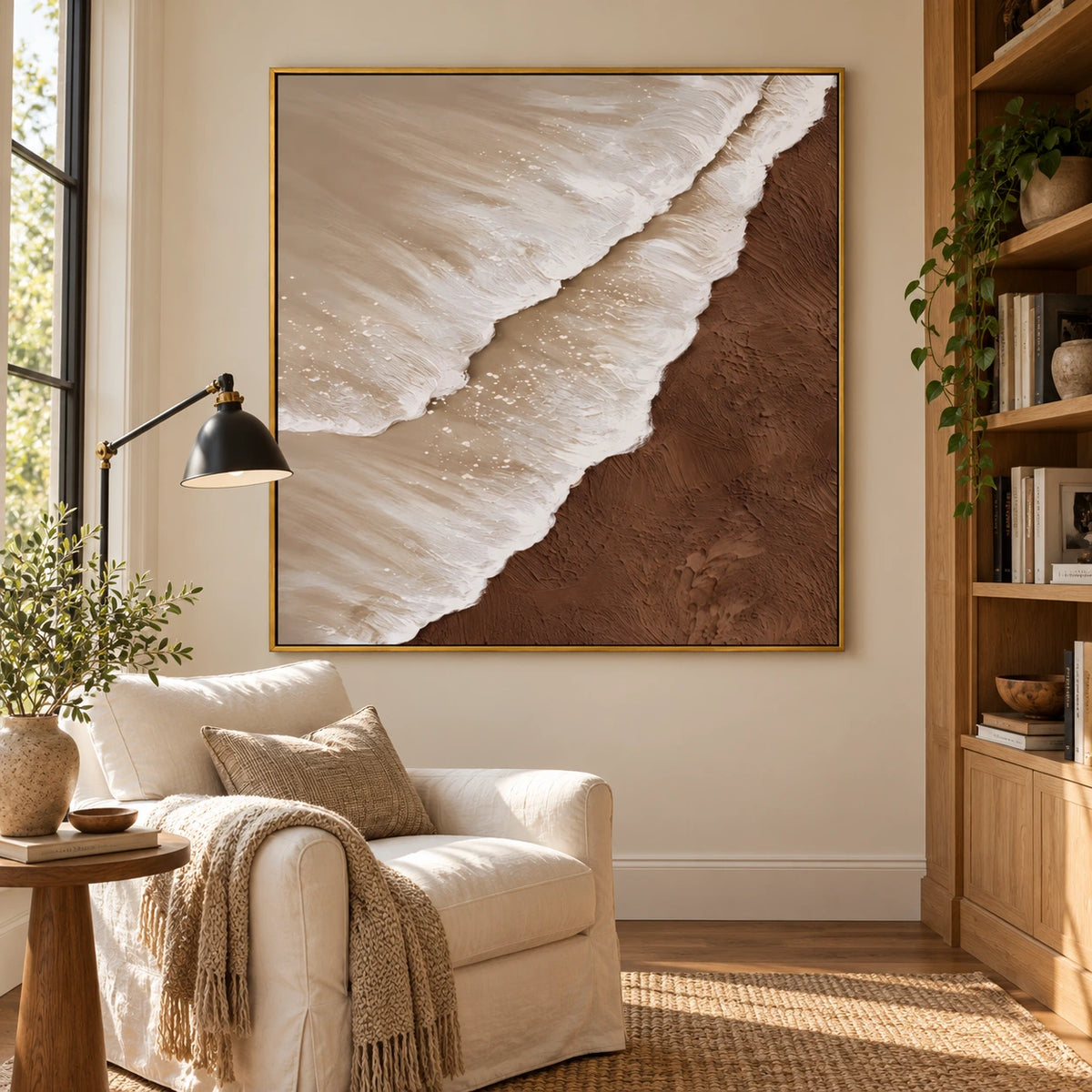 White Ocean Waves on Brown Sand Oil Painting | Neutral Coastal Textured Beach Wall Art #OA 1619