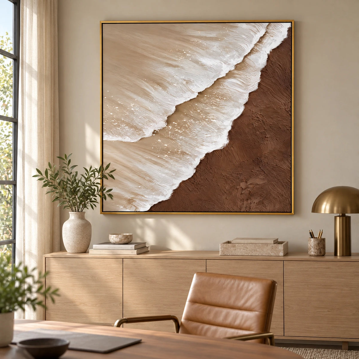 White Ocean Waves on Brown Sand Oil Painting | Neutral Coastal Textured Beach Wall Art #OA 1619