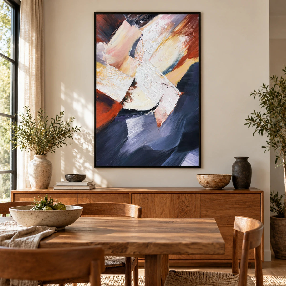White Pink Ochre and Navy Abstract Oil Painting | Bold Diagonal Brushstrokes Textured Vertical Wall Art OA 1783