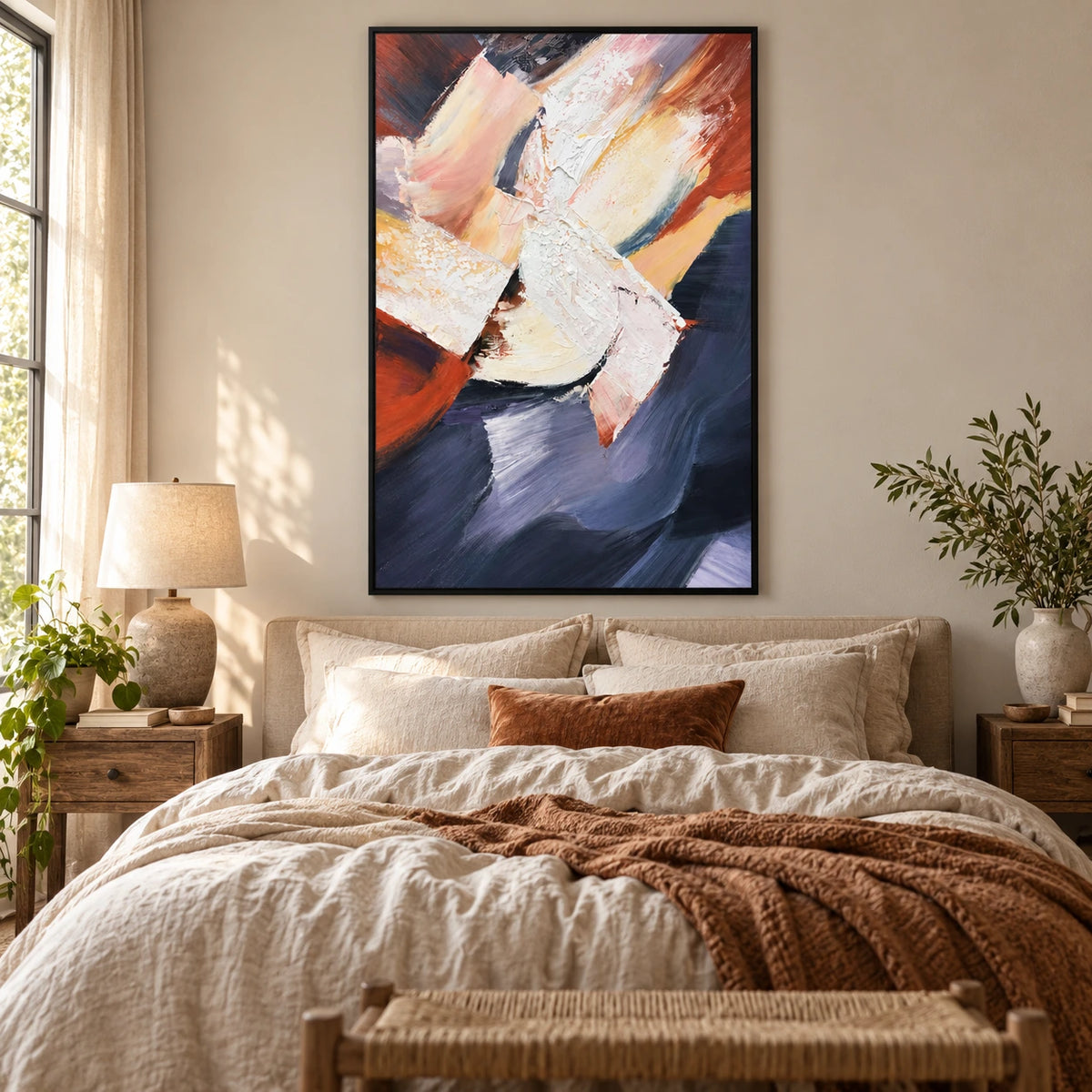 White Pink Ochre and Navy Abstract Oil Painting | Bold Diagonal Brushstrokes Textured Vertical Wall Art OA 1783