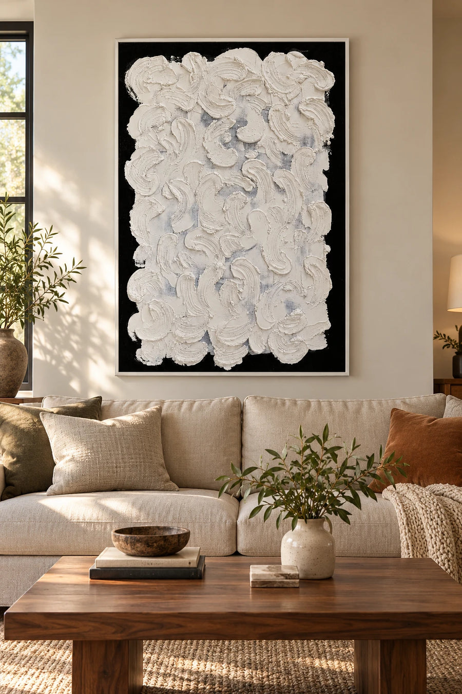 White Sculptural Brushstrokes on Black Oil Painting | Raised Curved Marks Vertical Monochrome Abstract Wall Art #OA 1798