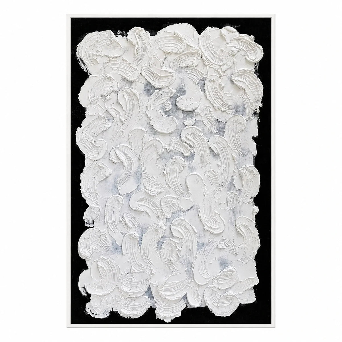 White Sculptural Brushstrokes on Black Oil Painting | Raised Curved Marks Vertical Monochrome Abstract Wall Art #OA 1798