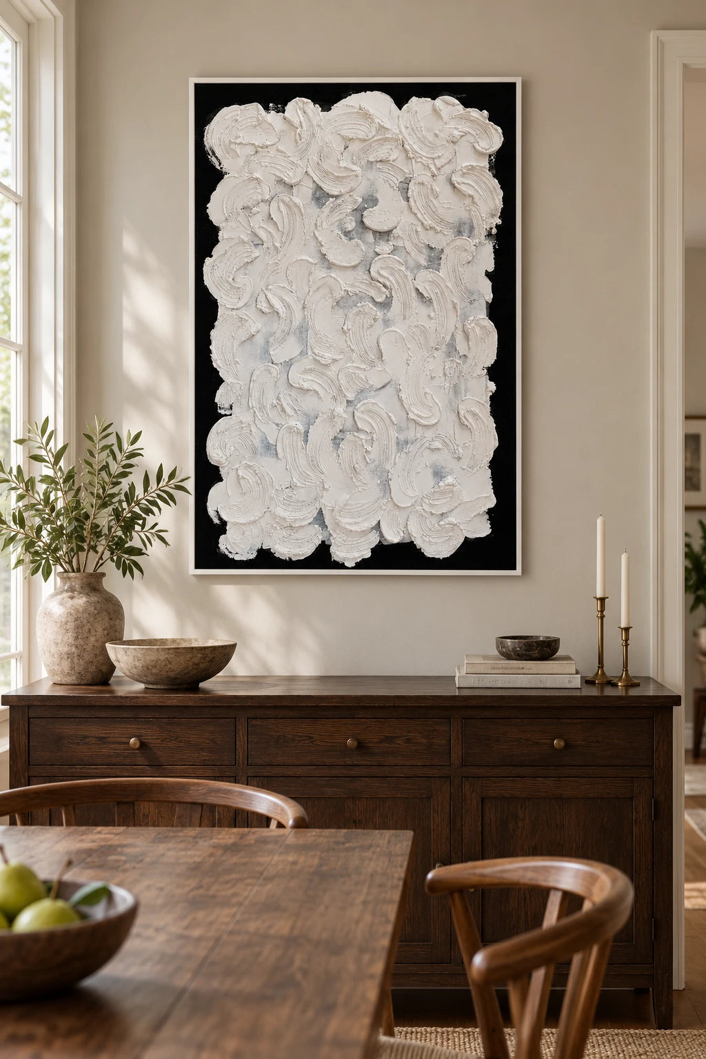 White Sculptural Brushstrokes on Black Oil Painting | Raised Curved Marks Vertical Monochrome Abstract Wall Art #OA 1798