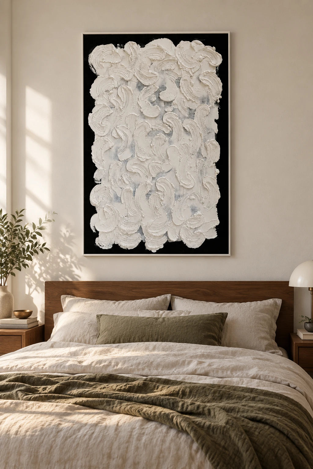 White Sculptural Brushstrokes on Black Oil Painting | Raised Curved Marks Vertical Monochrome Abstract Wall Art #OA 1798