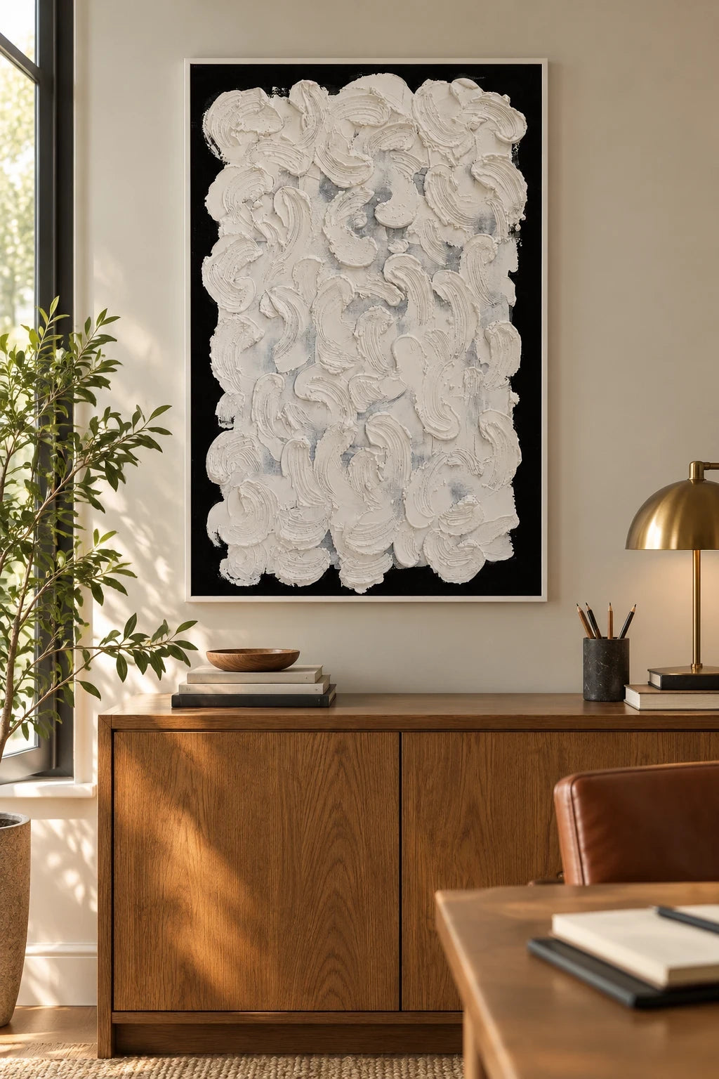White Sculptural Brushstrokes on Black Oil Painting | Raised Curved Marks Vertical Monochrome Abstract Wall Art #OA 1798