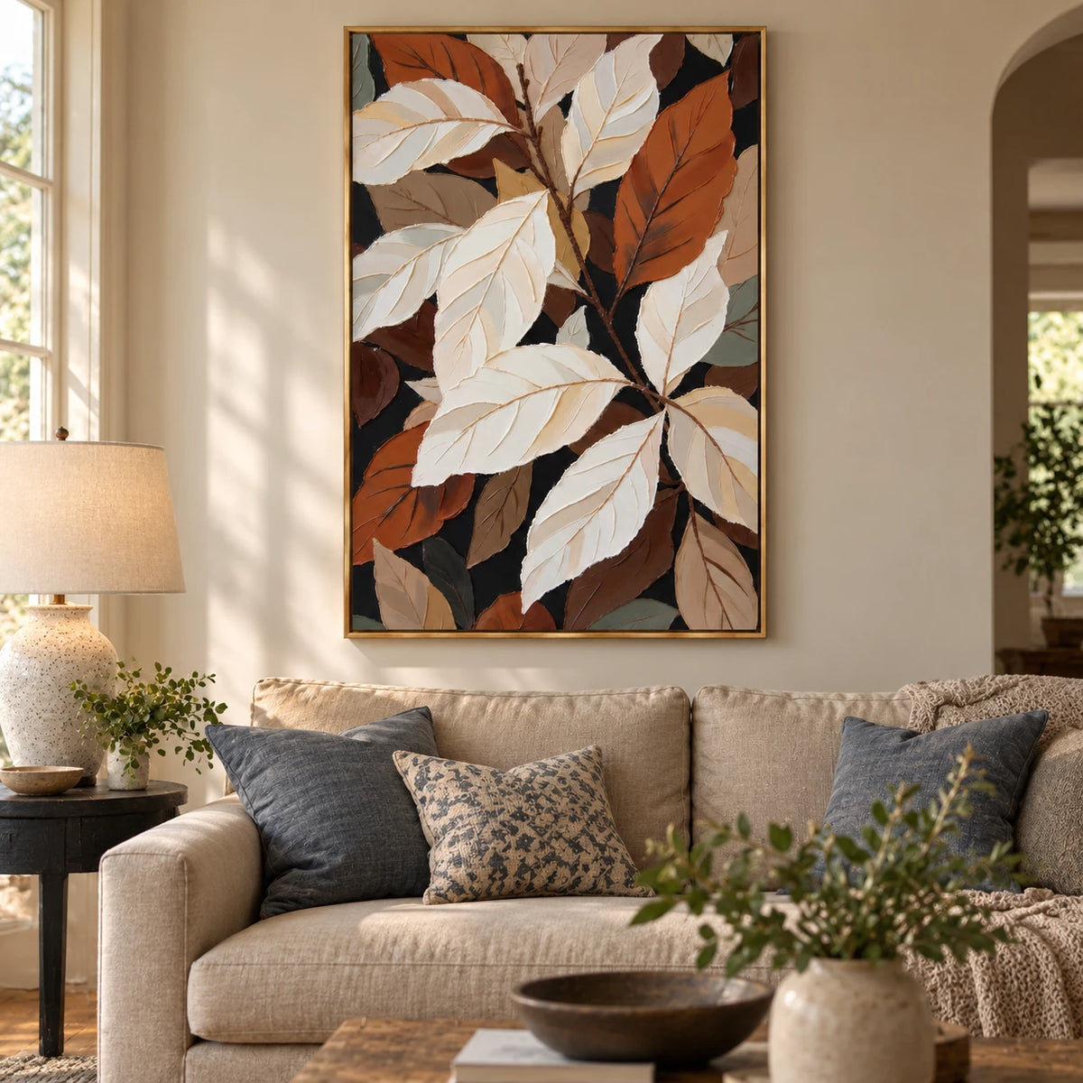 White and Rust Botanical Leaves Oil Painting | Cream Terracotta and Brown Layered Vertical Modern Wall Art #OA 1817