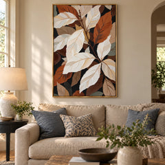 White and Rust Botanical Leaves Oil Painting | Cream Terracotta and Brown Layered Vertical Modern Wall Art #OA 1817
