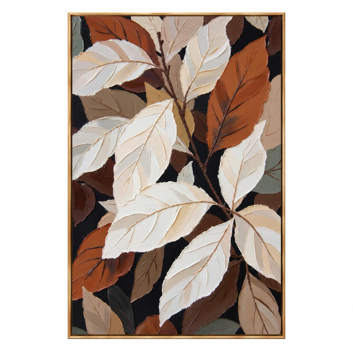 White and Rust Botanical Leaves Oil Painting | Cream Terracotta and Brown Layered Vertical Modern Wall Art #OA 1817