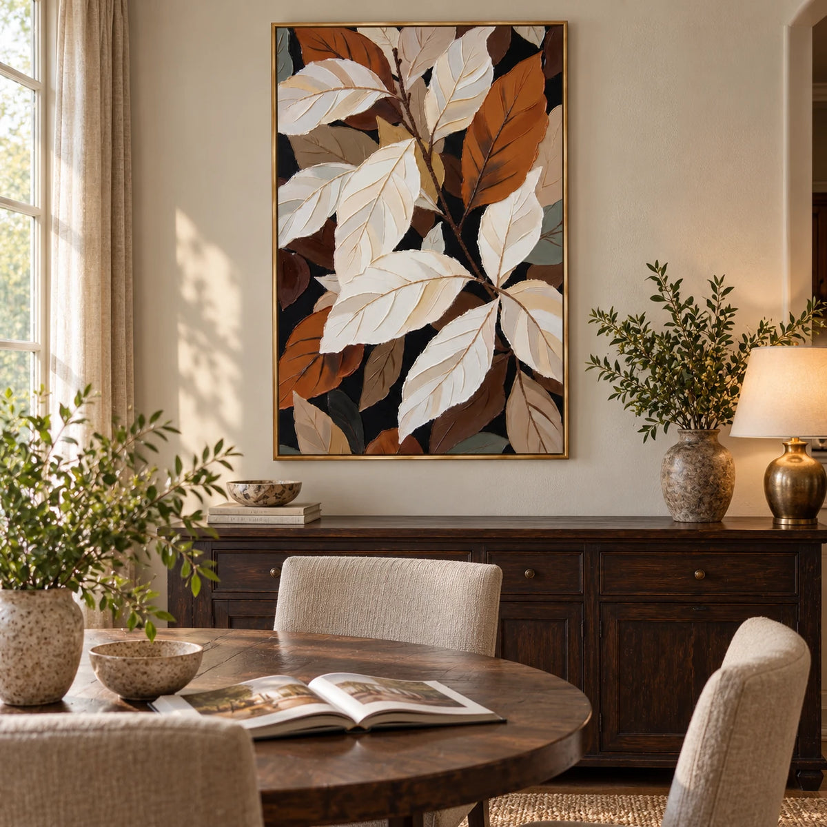 White and Rust Botanical Leaves Oil Painting | Cream Terracotta and Brown Layered Vertical Modern Wall Art #OA 1817