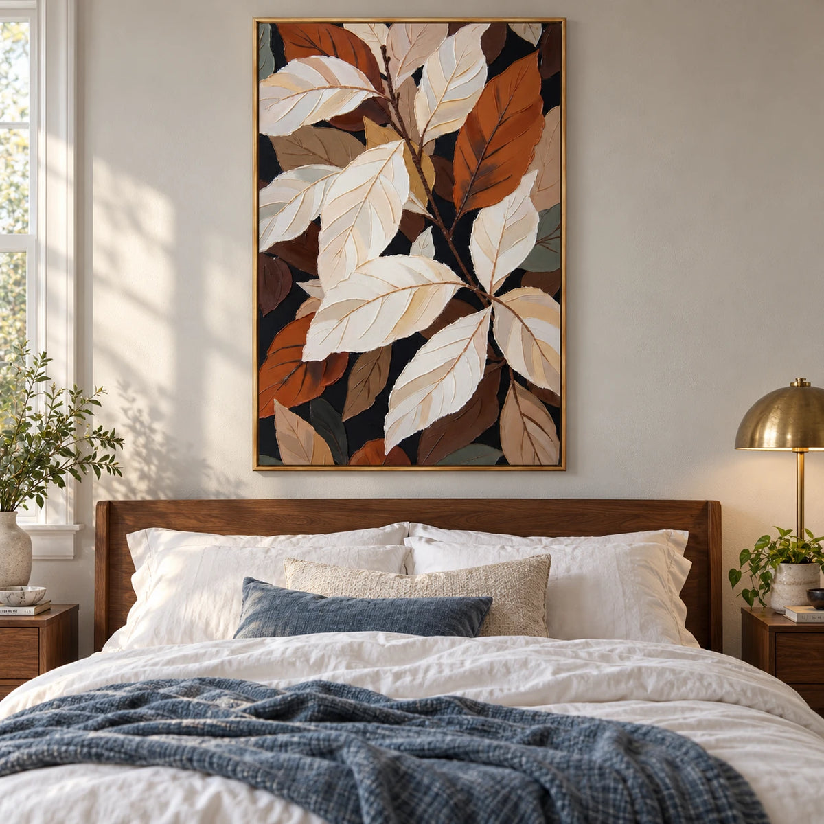 White and Rust Botanical Leaves Oil Painting | Cream Terracotta and Brown Layered Vertical Modern Wall Art #OA 1817