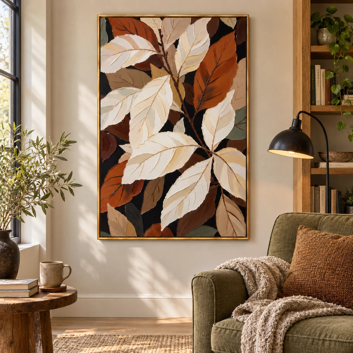 White and Rust Botanical Leaves Oil Painting | Cream Terracotta and Brown Layered Vertical Modern Wall Art #OA 1817