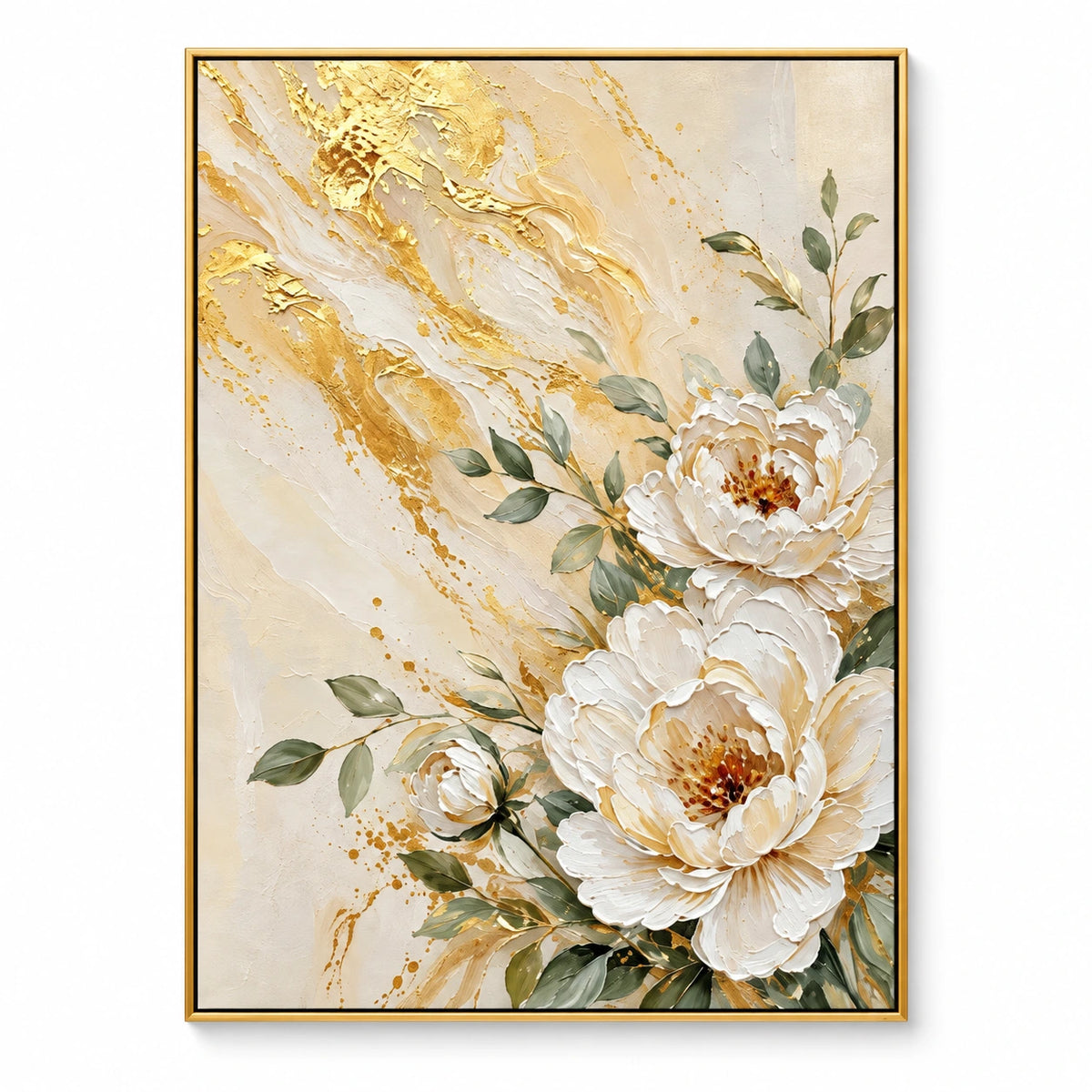 White Peony and Gold Floral Oil Painting | Cream Botanical Textured Canvas Wall Art #OA 1600