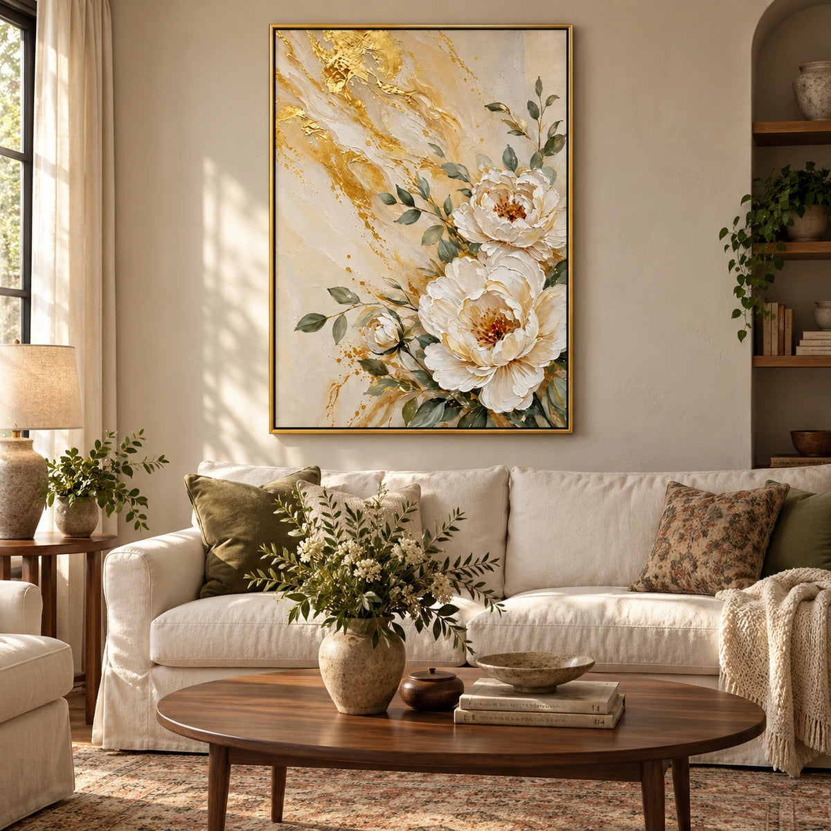 White Peony and Gold Floral Oil Painting | Cream Botanical Textured Canvas Wall Art #OA 1600