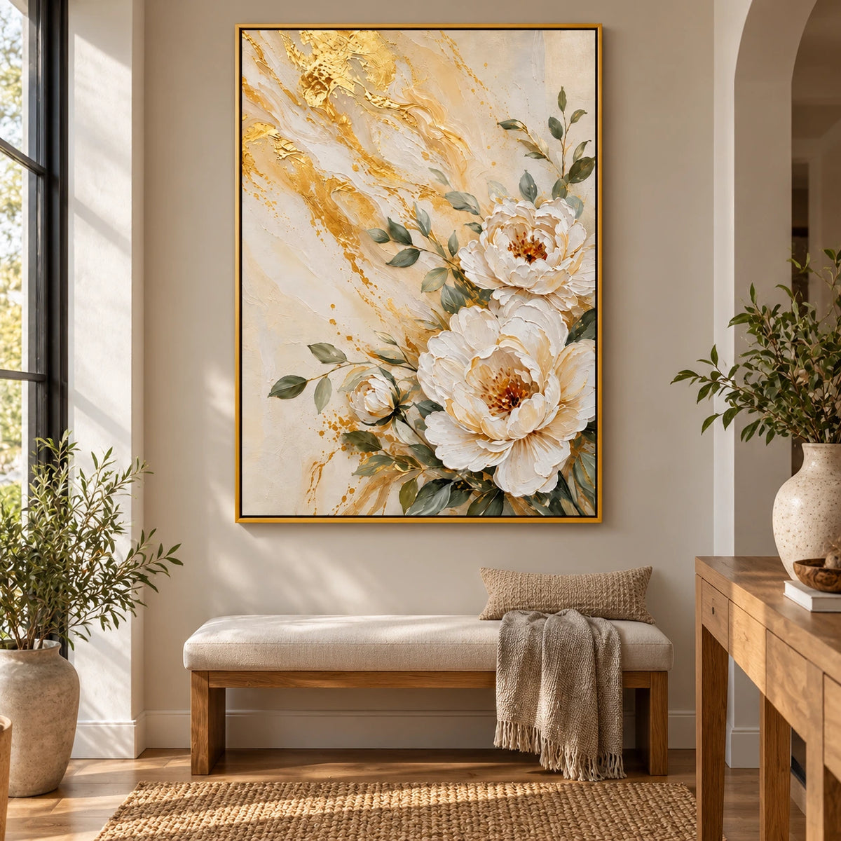 White Peony and Gold Floral Oil Painting | Cream Botanical Textured Canvas Wall Art #OA 1600