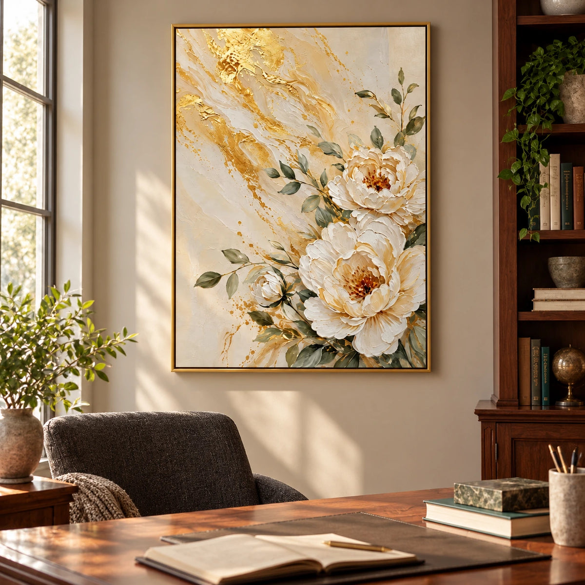 White Peony and Gold Floral Oil Painting | Cream Botanical Textured Canvas Wall Art #OA 1600