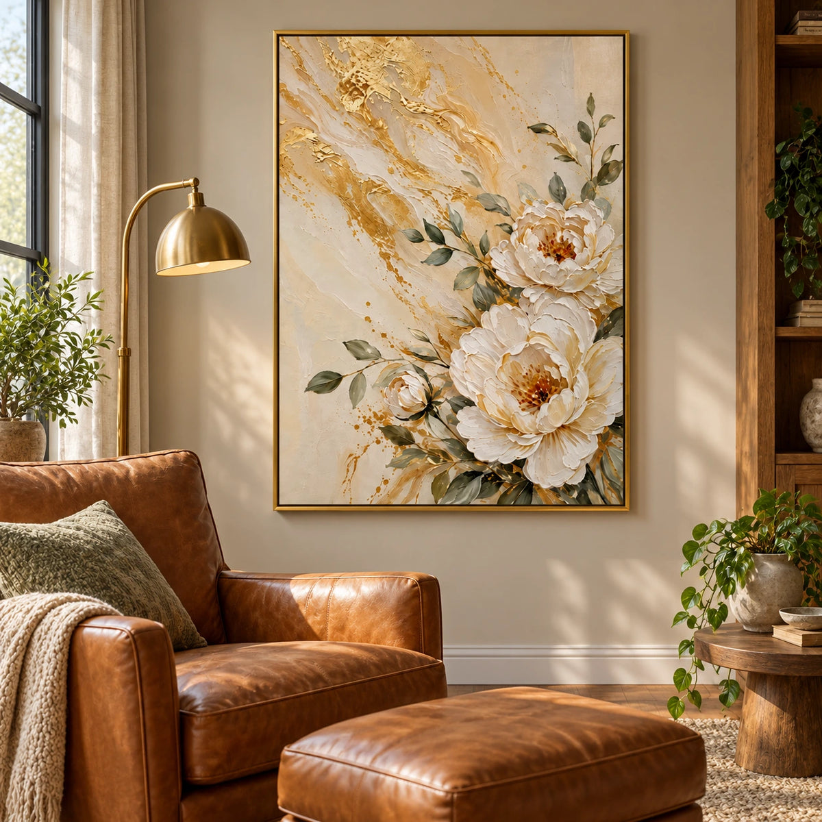 White Peony and Gold Floral Oil Painting | Cream Botanical Textured Canvas Wall Art #OA 1600