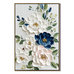 White and Blue Floral Oil Painting, Textured Flower Wall Art for Living Room Decor #OA 0526