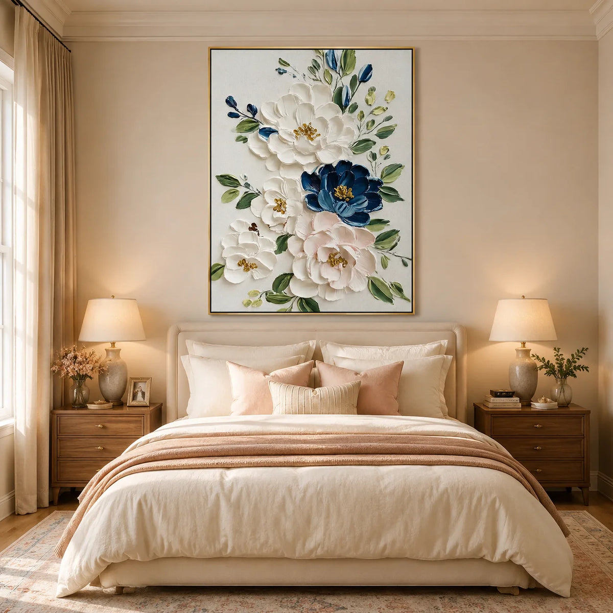 White and Blue Floral Oil Painting, Textured Flower Wall Art for Living Room Decor