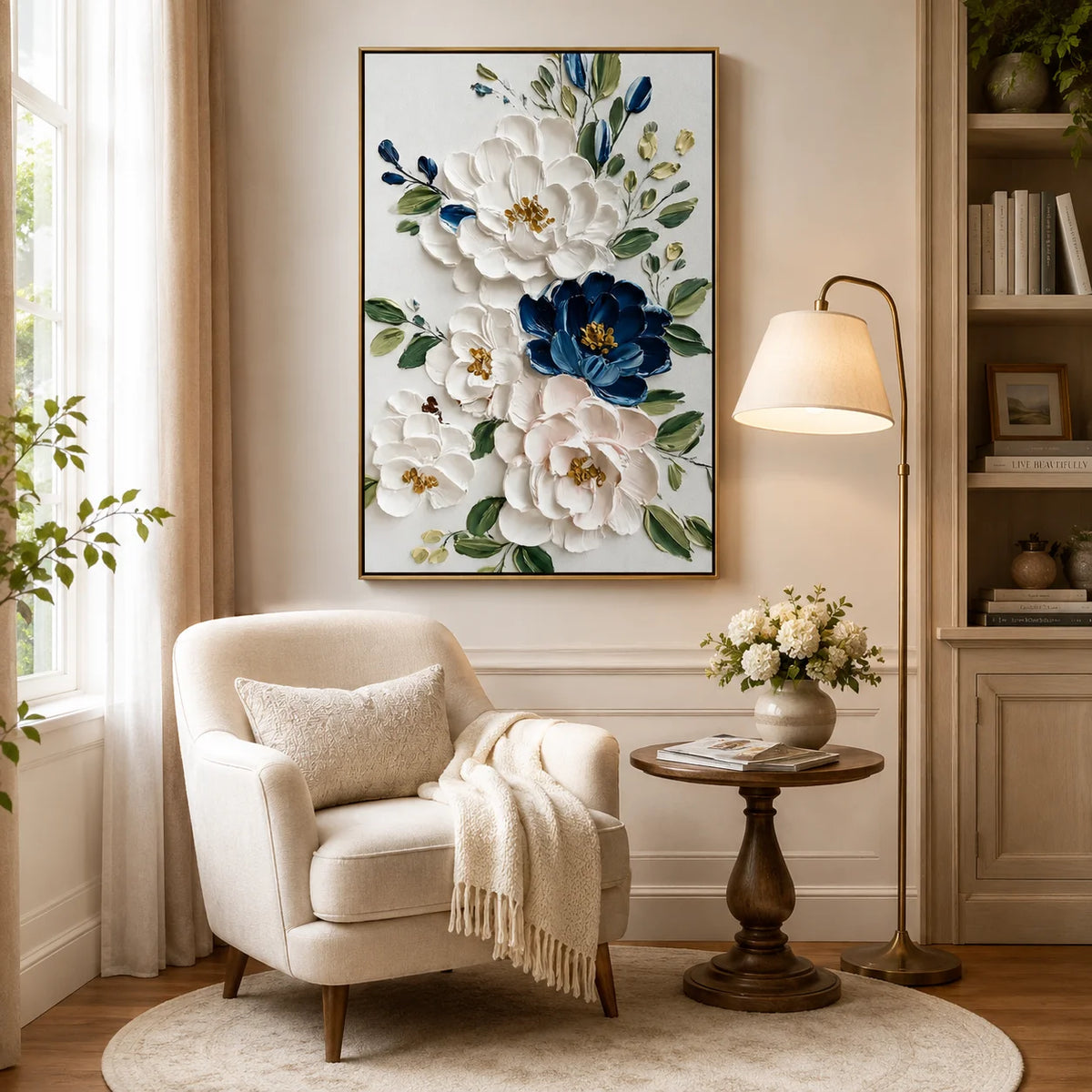 White and Blue Floral Oil Painting, Textured Flower Wall Art for Living Room Decor