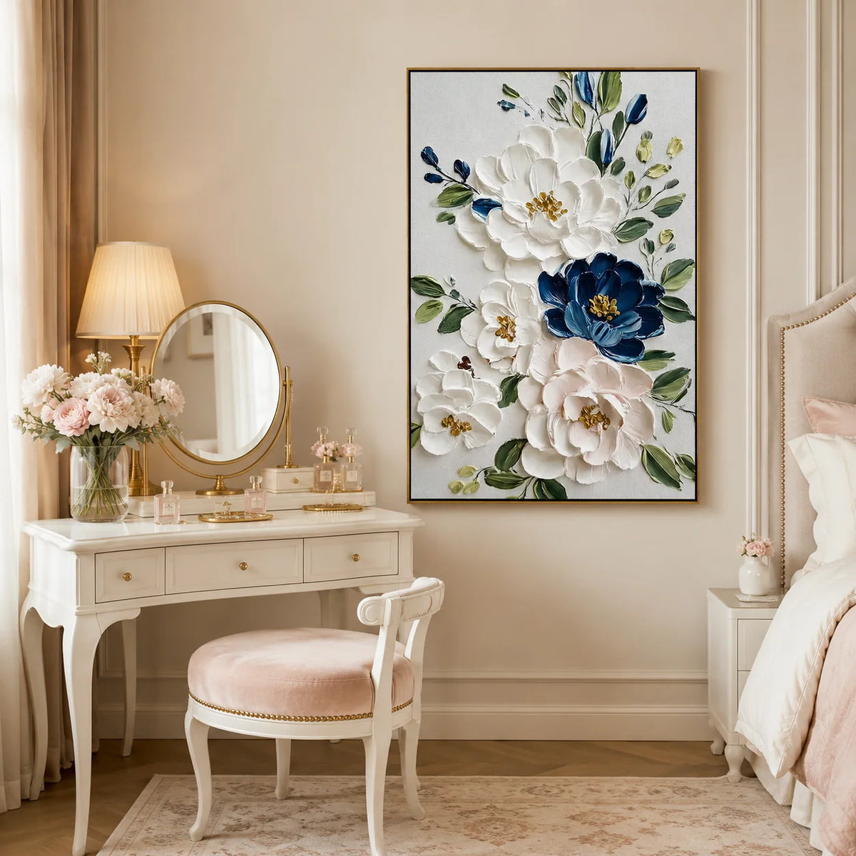 White and Blue Floral Oil Painting, Textured Flower Wall Art for Living Room Decor