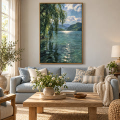 Willow Tree and Mountain Lake Oil Painting | Sunlit Water Reflections Peaceful Vertical Landscape Wall Art #OA 1680