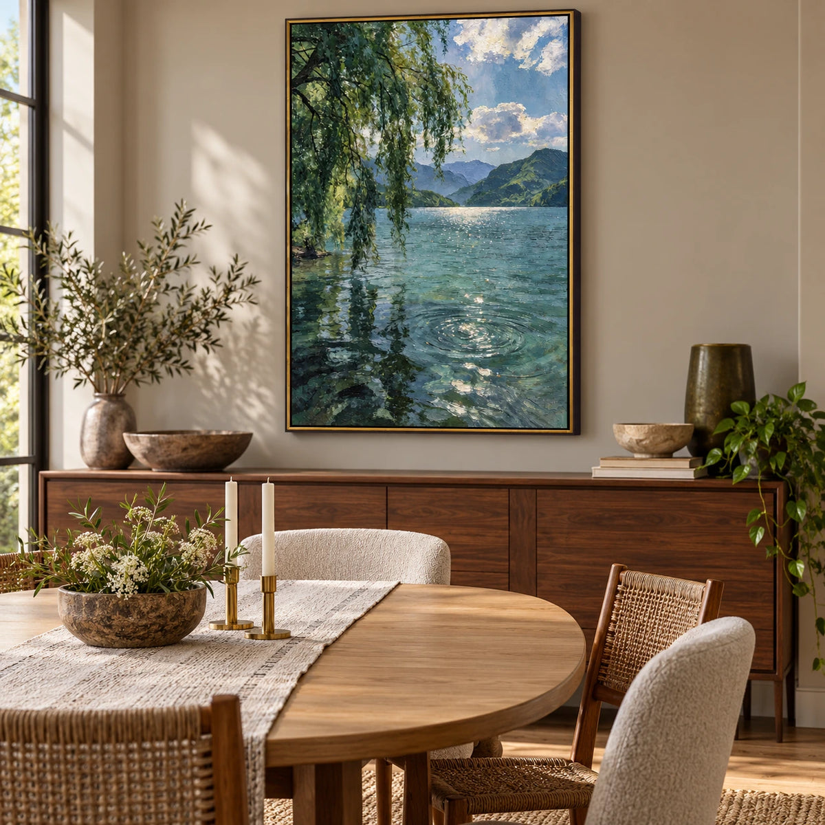 Willow Tree and Mountain Lake Oil Painting | Sunlit Water Reflections Peaceful Vertical Landscape Wall Art #OA 1680