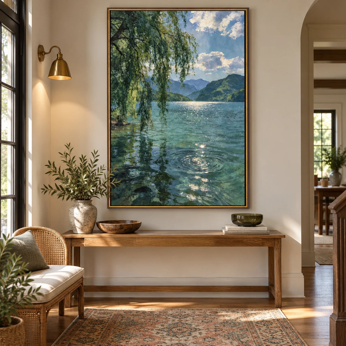 Willow Tree and Mountain Lake Oil Painting | Sunlit Water Reflections Peaceful Vertical Landscape Wall Art #OA 1680