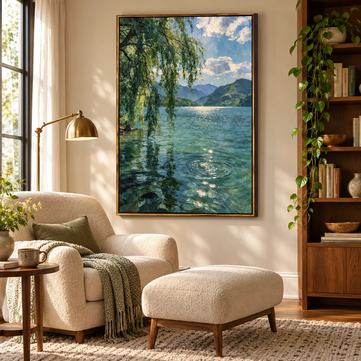 Willow Tree and Mountain Lake Oil Painting | Sunlit Water Reflections Peaceful Vertical Landscape Wall Art #OA 1680