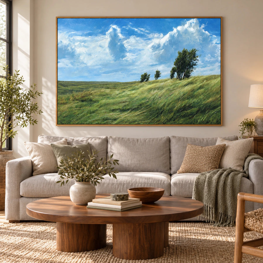 Windswept Green Meadow and Trees Oil Painting | Blue Sky White Clouds Textured Horizontal Countryside Landscape Wall Art #OA 1779