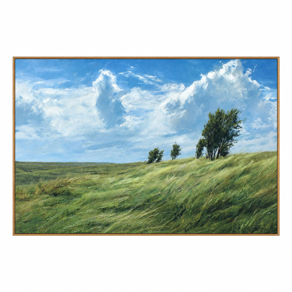 Windswept Green Meadow and Trees Oil Painting | Blue Sky White Clouds Textured Horizontal Countryside Landscape Wall Art OA 1779