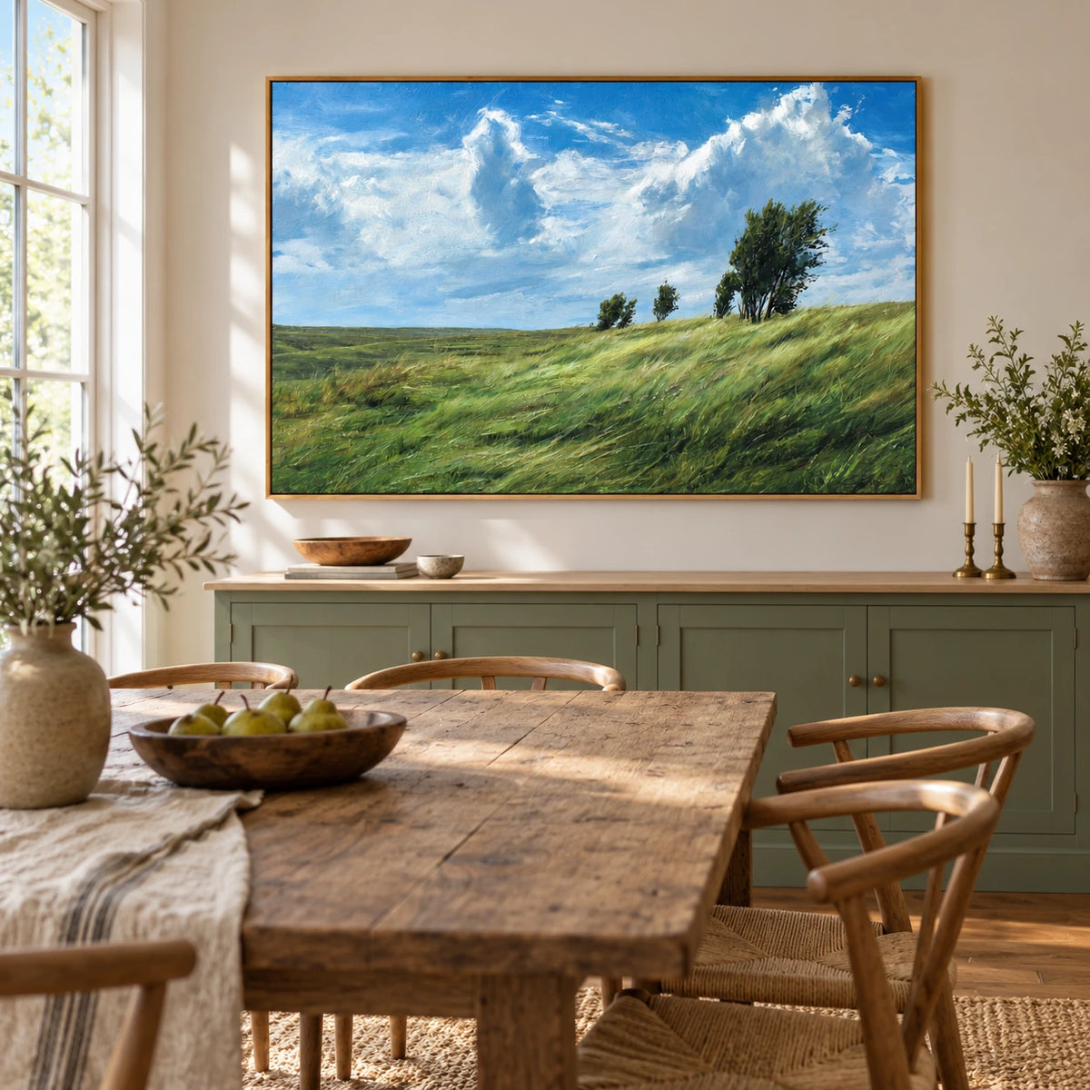 Windswept Green Meadow and Trees Oil Painting | Blue Sky White Clouds Textured Horizontal Countryside Landscape Wall Art OA 1779