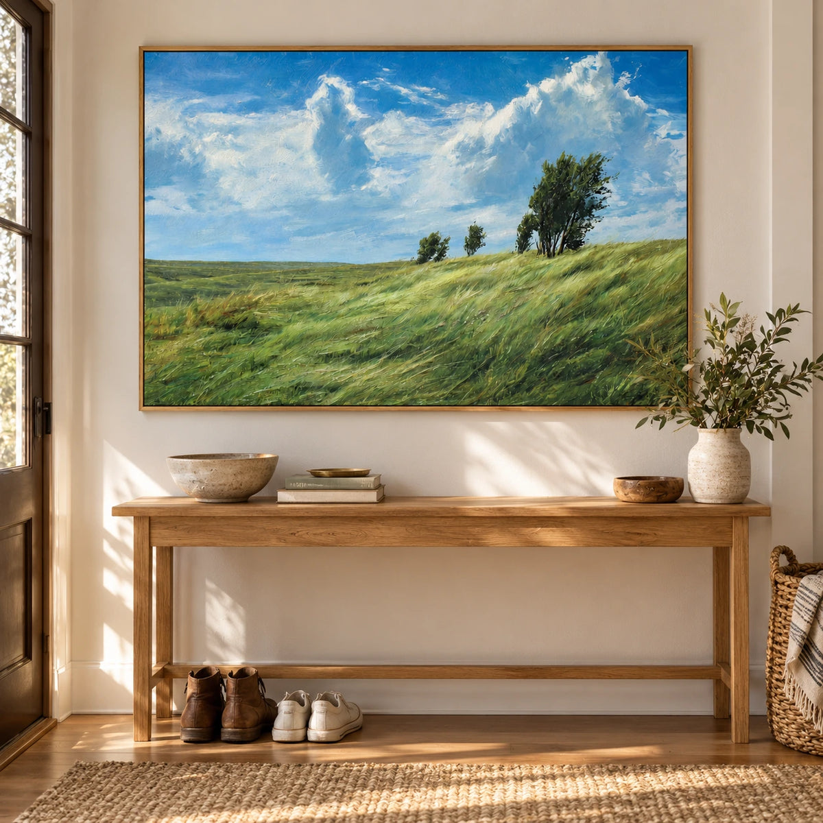 Windswept Green Meadow and Trees Oil Painting | Blue Sky White Clouds Textured Horizontal Countryside Landscape Wall Art OA 1779