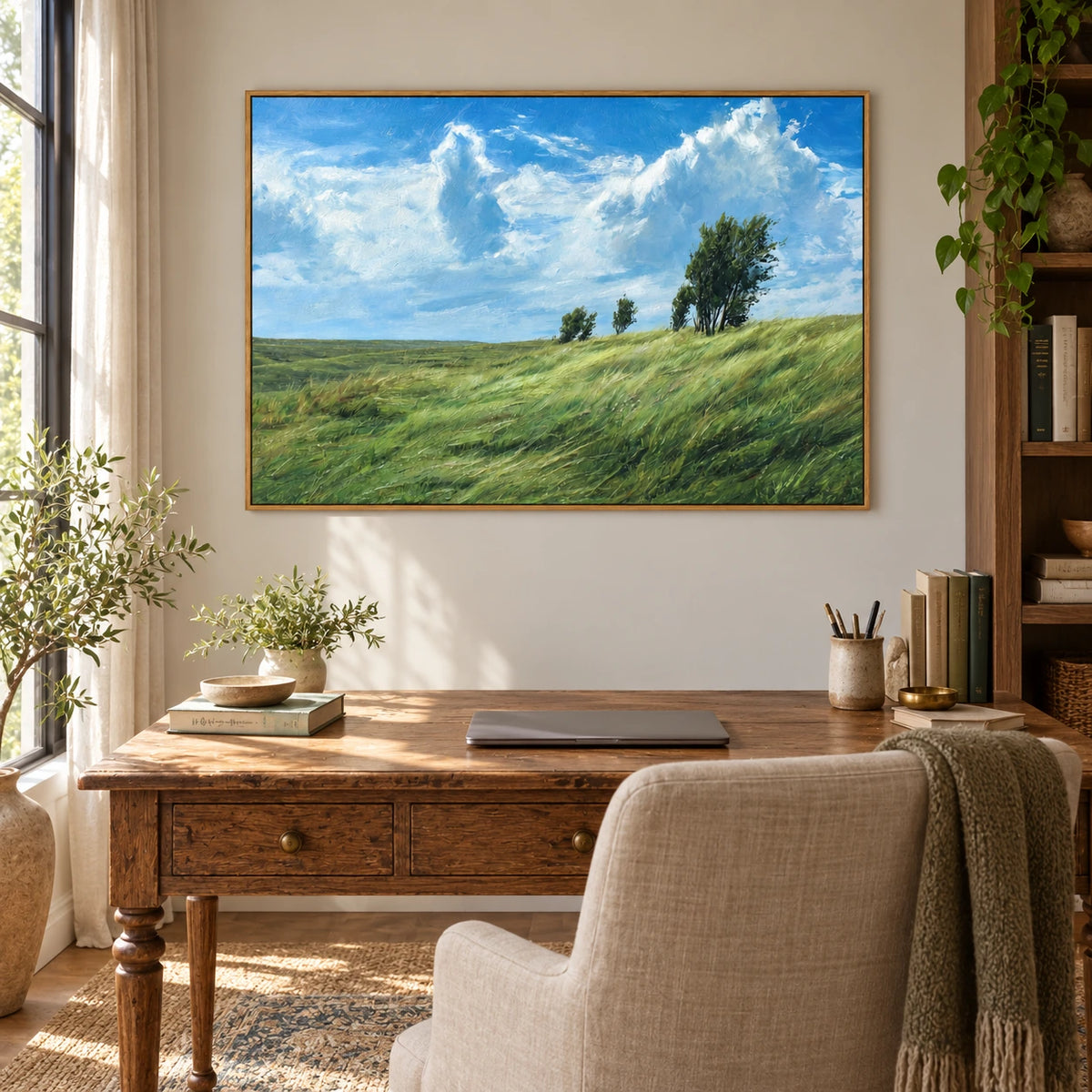 Windswept Green Meadow and Trees Oil Painting | Blue Sky White Clouds Textured Horizontal Countryside Landscape Wall Art OA 1779