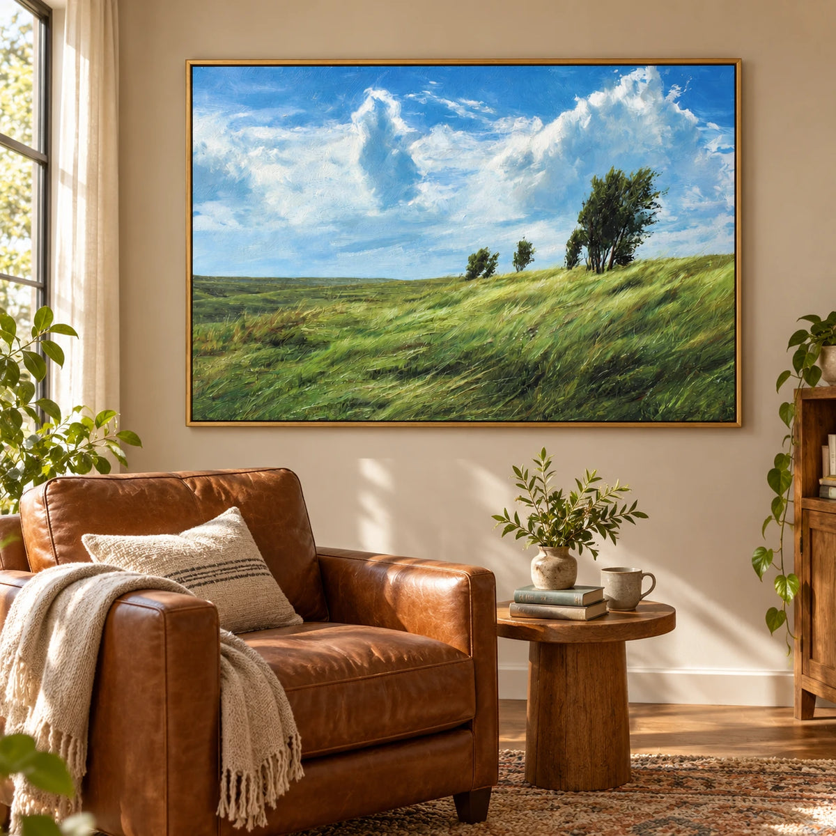 Windswept Green Meadow and Trees Oil Painting | Blue Sky White Clouds Textured Horizontal Countryside Landscape Wall Art OA 1779