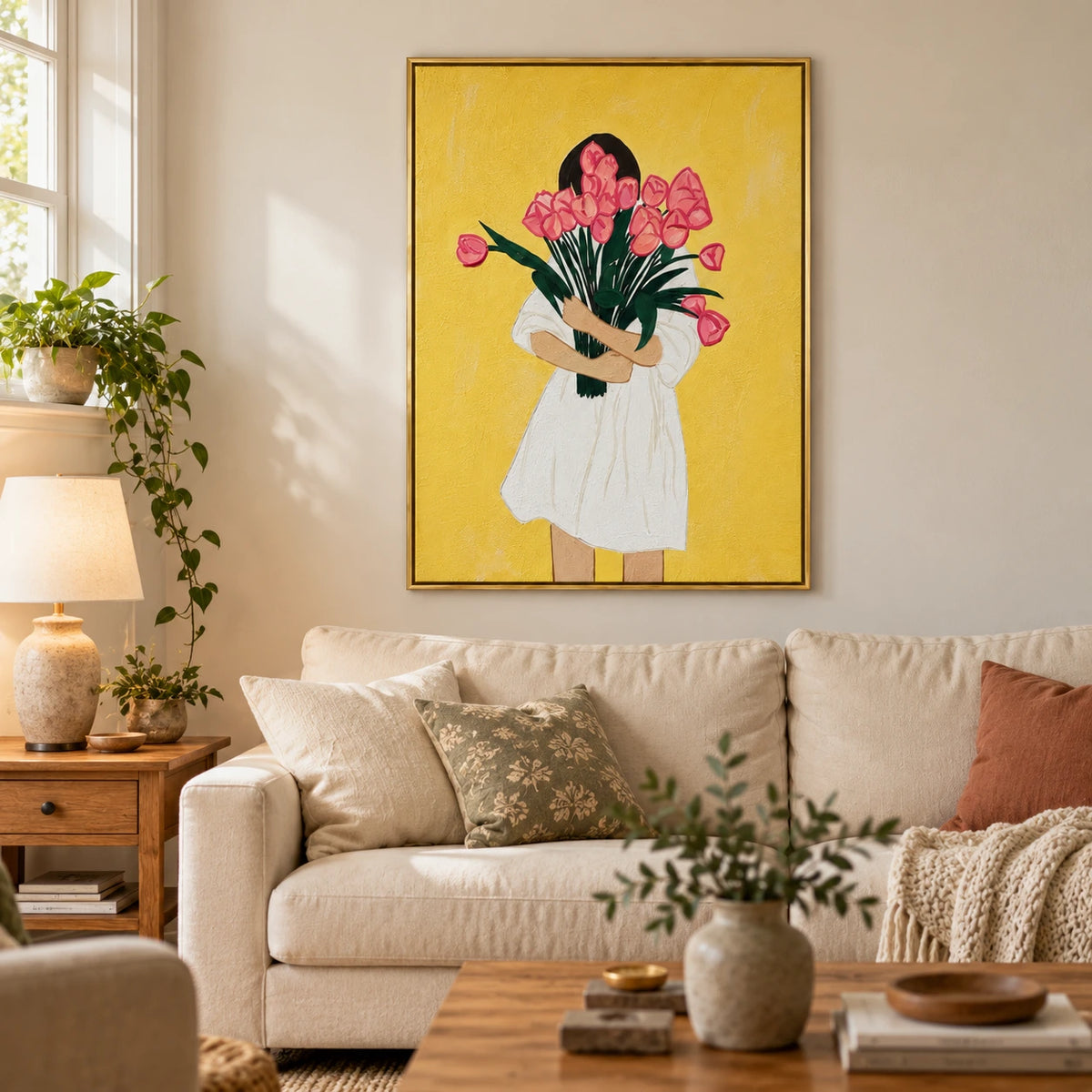 Woman Holding Pink Tulips Oil Painting | White Dress Yellow Background Green Leaves Vertical Figurative Floral Wall Art OA 1756